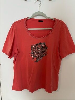 Gerry Weber Coral-Orange Short Sleeve Tee with Metallic Grey Rose Motif - Size L